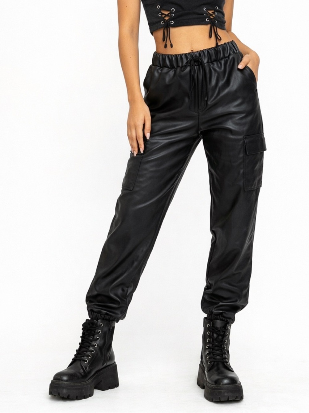 Black Faux Leather Cargo Joggers High Waist Edgy Y2K Pants L